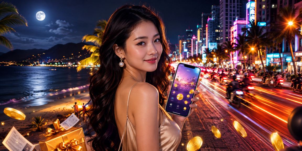 Người dùng tại Cô Đảo tìm hiểu chính sách bảo mật và cashback trên điện thoại tại bãi biển